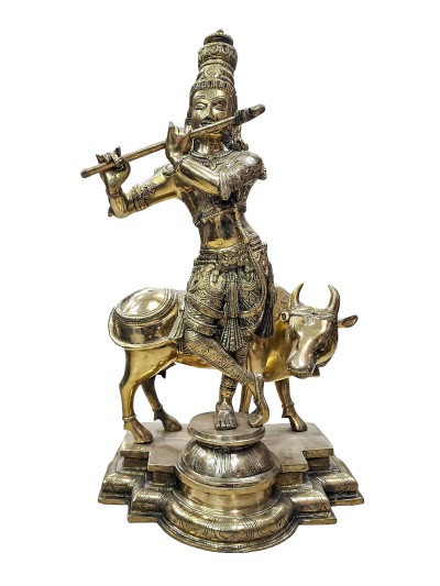 Nepali Statue Of Lord Krishna With Cow, [sand Casting], Glossy Finishing