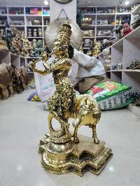 Nepali Statue Of Lord Krishna With Cow, [sand Casting], Glossy Finishing