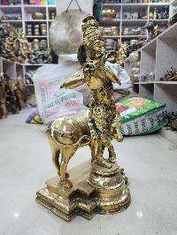 Nepali Statue Of Lord Krishna With Cow, [sand Casting], Glossy Finishing