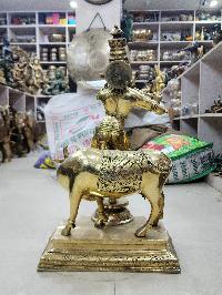 Nepali Statue Of Lord Krishna With Cow, [sand Casting], Glossy Finishing