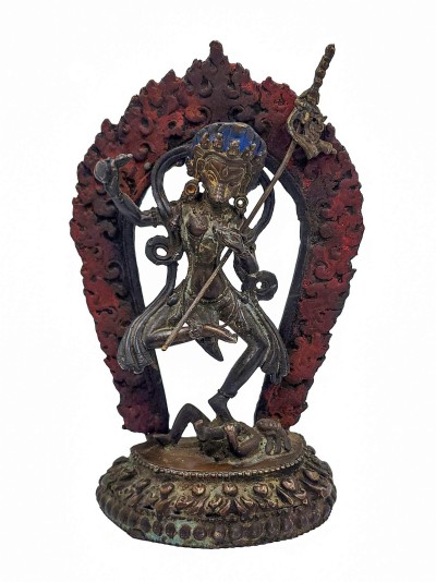 Buddhist Handmade Statue Of Simhamukha Yogini, [antique], [chocolate Oxidized]