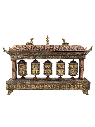 Buddhist Handmade Table Top 5 Prayer Wheel With Incense Burner, And Holder Sand Casting