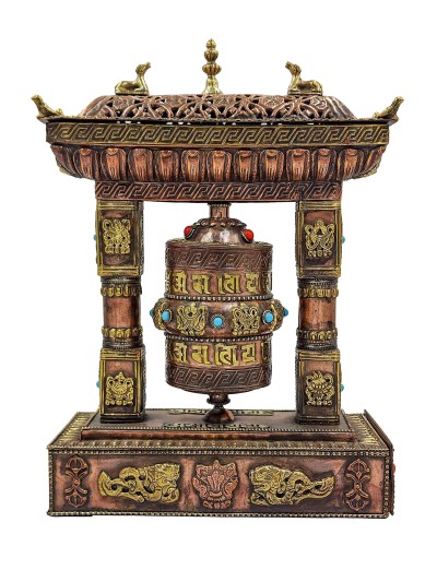 Buddhist Handmade Table Top Prayer Wheel, With Incense Burner And Incense Holder, [stone Setting]