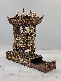 Buddhist Handmade Table Top Prayer Wheel, With Incense Burner And Incense Holder, [stone Setting]