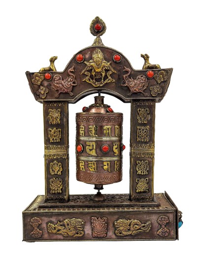Buddhist Handmade Table Top Prayer Wheel, With Incense Burner And Incense Holder, [stone Setting]