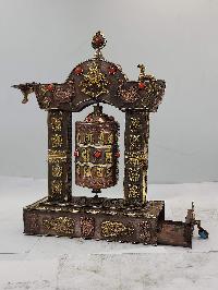 Buddhist Handmade Table Top Prayer Wheel, With Incense Burner And Incense Holder, [stone Setting]