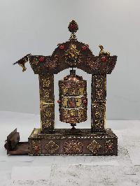 Buddhist Handmade Table Top Prayer Wheel, With Incense Burner And Incense Holder, [stone Setting]