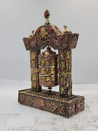Buddhist Handmade Table Top Prayer Wheel, With Incense Burner And Incense Holder, [stone Setting]