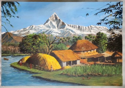 Beautiful Village And Mountain Range [oil Colour Painting], Nepali Art