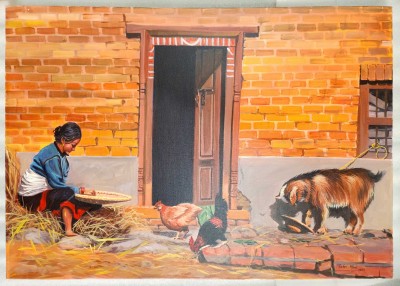 Nepali Village Lifestyle [oil Colour Painting], Nepali Art