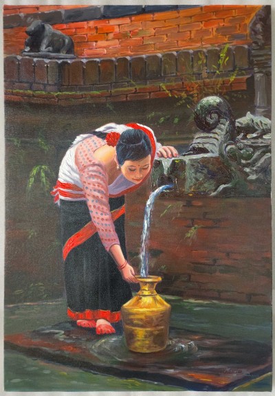 Nepali [newari] Lifestyle Filling Water From Stone Tap, [dhunge Dhara], [oil Colour Painting], Nepali Art