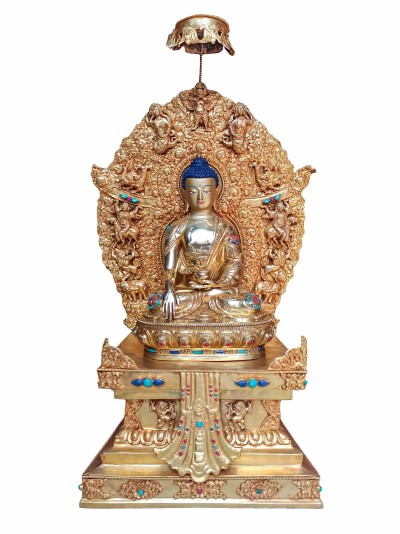 Buddhist Handmade Statue Of Shakyamuni Buddha On Throne, [face Painted], [gold Plated], [stone Setting]