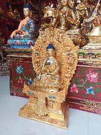 Buddhist Handmade Statue Of Shakyamuni Buddha On Throne, [face Painted], [gold Plated], [stone Setting]