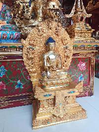 Buddhist Handmade Statue Of Shakyamuni Buddha On Throne, [face Painted], [gold Plated], [stone Setting]
