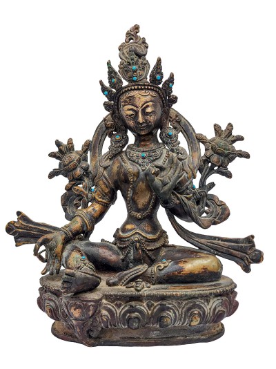 [old Stock], Buddhist Handmade Statue Of Green Tara, [antique Finishing], [stone Setting]