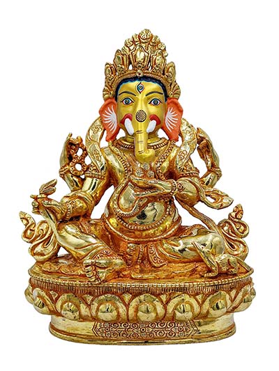 Buddhist Handmade Statue Of Ganesh, [full Fire Gold Plated], [face Painted]