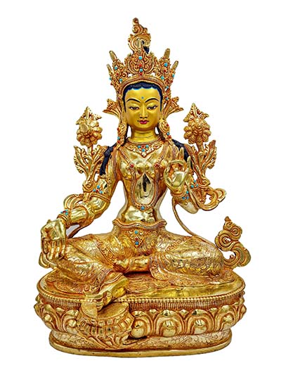 Green Tara, Buddhist Handmade Statue, [full Fire Gold Plated], [face Painted], [stone Setting]