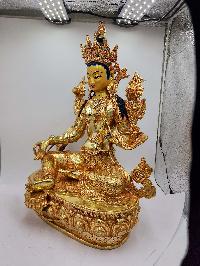 Green Tara, Buddhist Handmade Statue, [full Fire Gold Plated], [face Painted], [stone Setting]