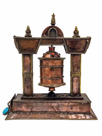 Buddhist Handmade Table Top Prayer Wheel, With Incense Burner And Incense Holder, [stone Setting]