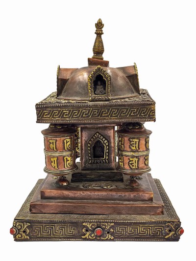 Buddhist Handmade Table Top Prayer Wheel, With Incense Burner Or Incense Holder With Carved Mantra, With Stupa Design [stone Setting]