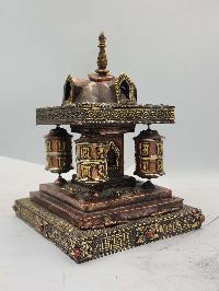 Buddhist Handmade Table Top Prayer Wheel, With Incense Burner Or Incense Holder With Carved Mantra, With Stupa Design [stone Setting]