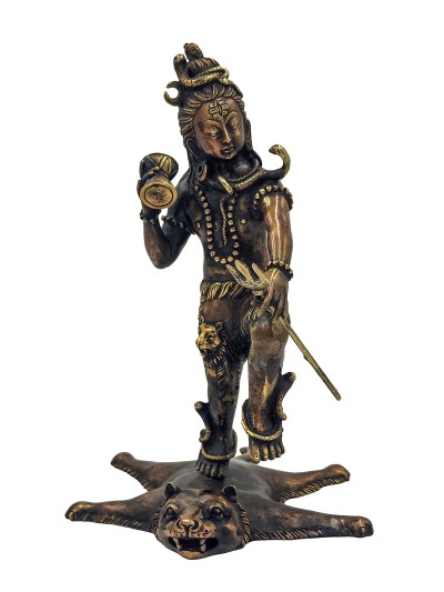 Nepali Statue Of Shiva Standing On A Tiger, [sand Casting], [chocolate Oxidized]