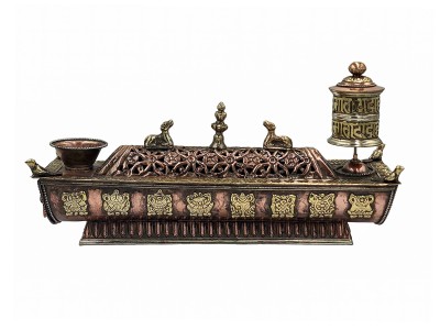 Hand Beaten Tibetan Incense Burner With Prayer Wheel, Antique Finishing
