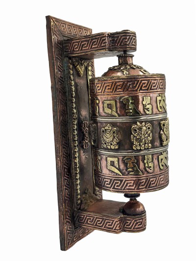Buddhist Handmade Wall Prayer Wheel With Mantra Inside, Ashtamangala, Wall Mountable, Wall Mountable