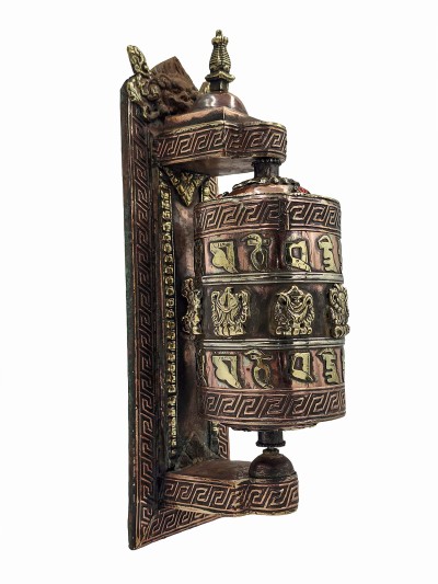 Buddhist Handmade Wall Prayer Wheel With Mantra Inside, Ashtamangala Design, Wall Mountable
