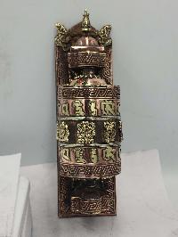 Buddhist Handmade Wall Prayer Wheel With Mantra Inside, Ashtamangala Design, Wall Mountable