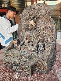 Buddhist Handmade Clay And Wooden Statue Of Shakyamuni Buddha On Throne [antique]