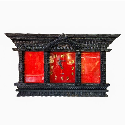 Traditional Newari Wooden Hand Carved [windows Design Wall Watch With Photo Frame], Natural Wood
