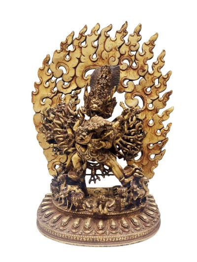 Buddhist Statue Of Yamantaka, [full Fire Gold Plated], Antique Finishing