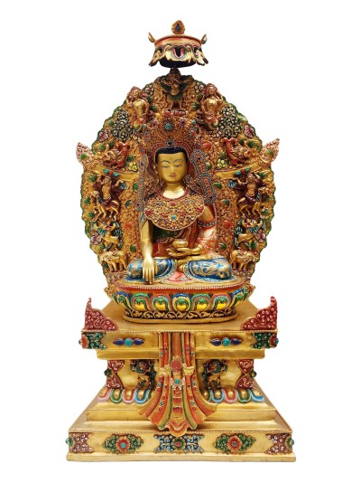 Buddhist Statue Of Shakyamuni Buddha On Throne, [full Fire Gold Plated], Face Painted] Finishing:traditional Color Finishing
