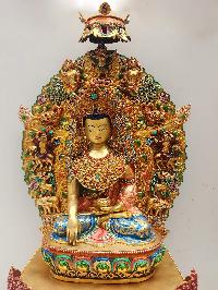 Buddhist Statue Of Shakyamuni Buddha On Throne, [full Fire Gold Plated], Face Painted] Finishing:traditional Color Finishing
