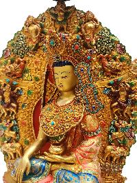 Buddhist Statue Of Shakyamuni Buddha On Throne, [full Fire Gold Plated], Face Painted] Finishing:traditional Color Finishing