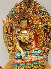 Buddhist Statue Of Shakyamuni Buddha On Throne, [full Fire Gold Plated], Face Painted] Finishing:traditional Color Finishing