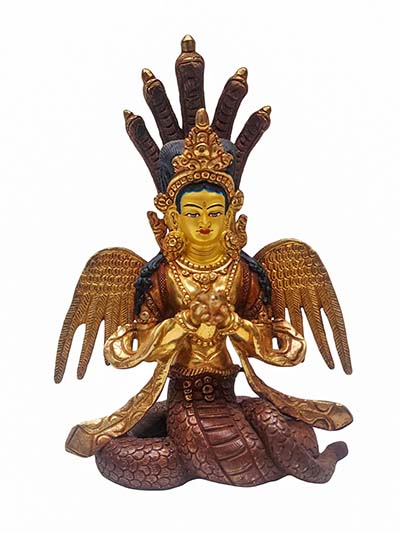 Buddhist Handmade Statue Of Naga Kanya, [face Painted], [partly Gold Plated]
