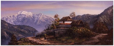 Beautiful Hand Painted Mountain And Himalayan Lifestyle, [oil Colour Painting], Nepali Art