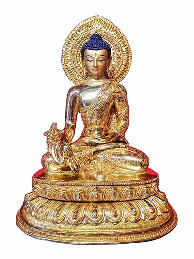 Buddhist Handmade Statue Of Medicine Buddha, [face Painted], [gold Plated], [stone Setting]
