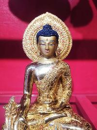 Buddhist Handmade Statue Of Medicine Buddha, [face Painted], [gold Plated], [stone Setting]
