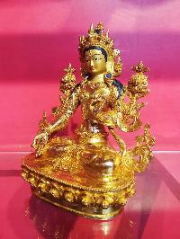 White Tara Statue, Buddhist Handmade Statue, [face Painted], [gold Plated], [stone Setting]