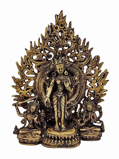 Buddhist Statue Of Standing Green Tara With Manjushri And Chenrezig, [antique Finishing]