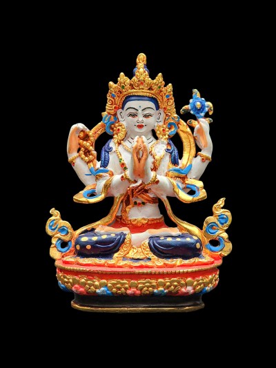 Buddhist Miniature Statue Of Chenrezig, [high Quality], [traditional Color Finishing]