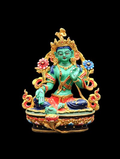 Buddhist Miniature Statue Of Green Tara, [high Quality], [traditional Color Finishing]