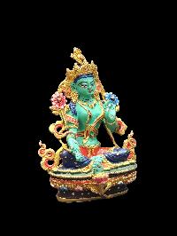 Buddhist Miniature Statue Of Green Tara, [high Quality], [traditional Color Finishing]