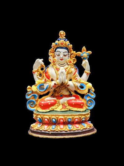 Buddhist Miniature Statue Of Chenrezig, [high Quality], [traditional Color Finishing]