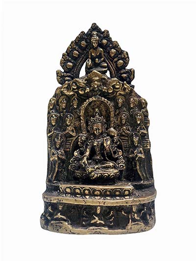 [unique], Buddhist Handmade Statue Of Green Tara On Throne And Shakyamuni Buddha On Top, [antique Finishing]
