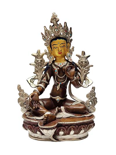 Green Tara, Buddhist Handmade Statue, [silver And Chocolate Oxidized], [face Painted]
