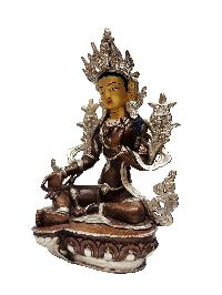 Green Tara, Buddhist Handmade Statue, [silver And Chocolate Oxidized], [face Painted]